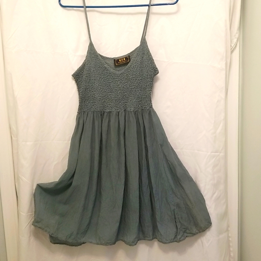 Dark sage flirty mini dress with spaghetti straps & crinkle bodice